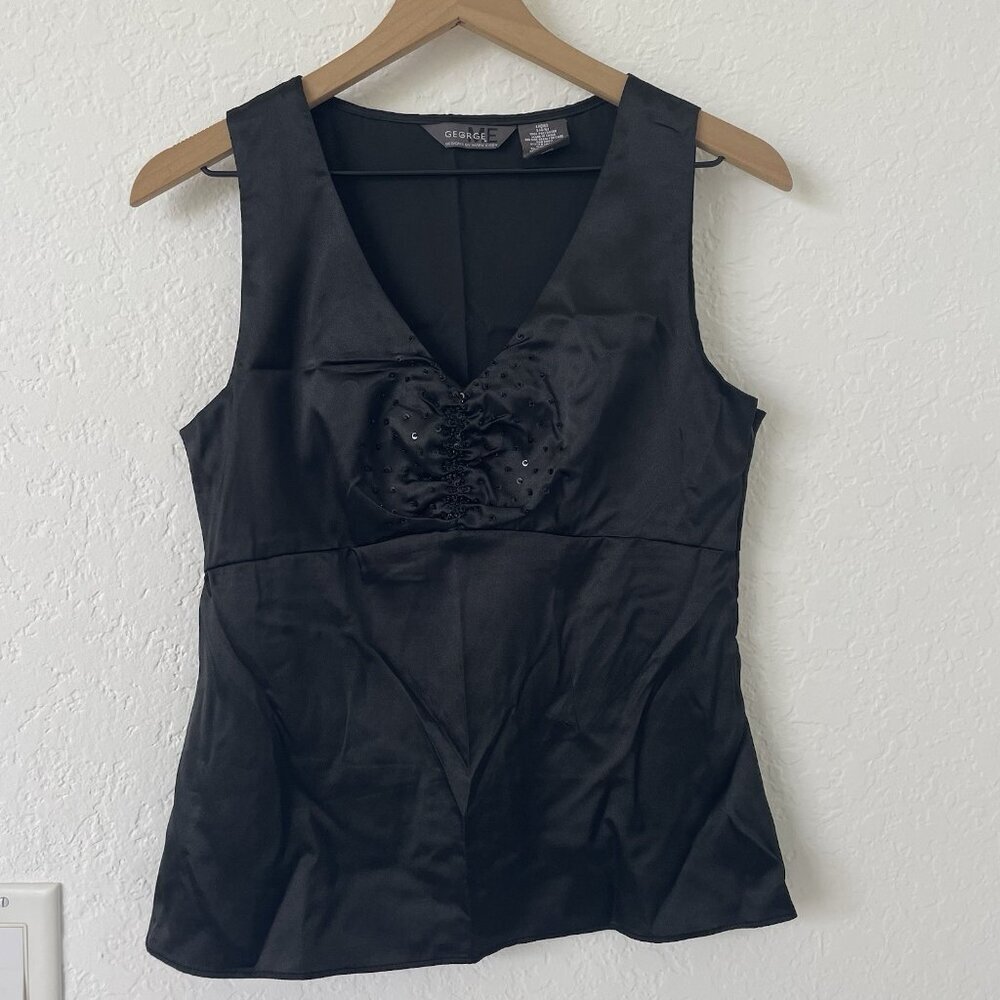 George Y2K 90s Babydoll Top Size S Black Satin Witchy Goth Whimsy VTG Fairy Vamp
